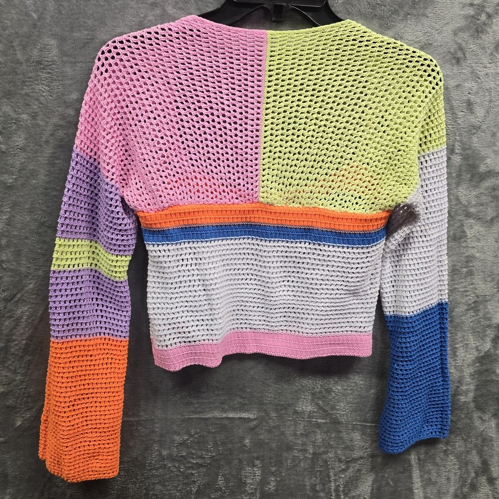 Bold Colorblock Women Sz Small Crop Sweater Rainbow Crochet Square Neck Girlhood - Picture 2 of 4